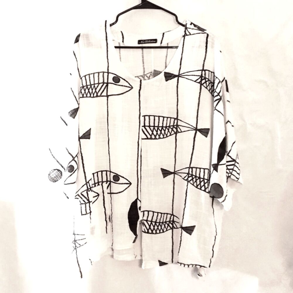 New Collection Italy Black White Fish Print Cotton Top XXL One Size